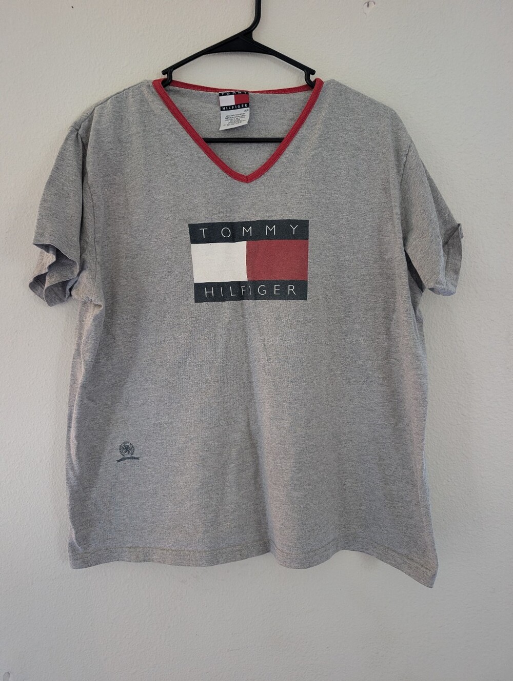 Tommy Hilfiger Gray Logo V-Neck Tee with Red Trim